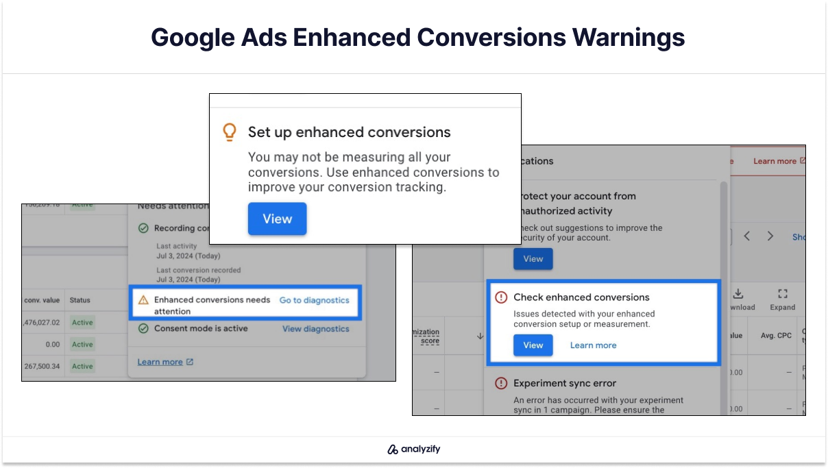 Google Ads Enhanced Conversions warnings