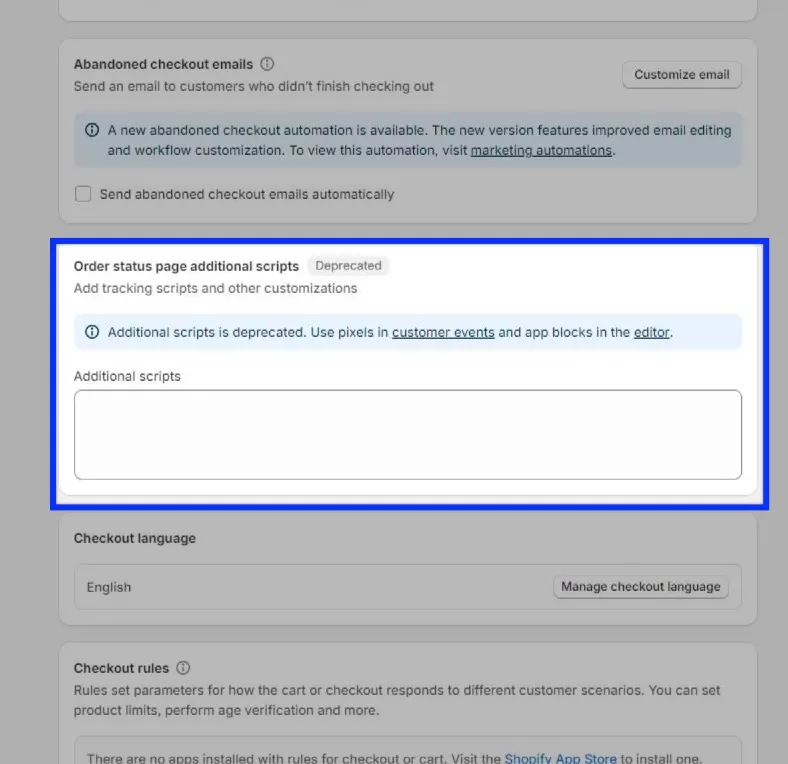 Order status page additional scripts are deprecated