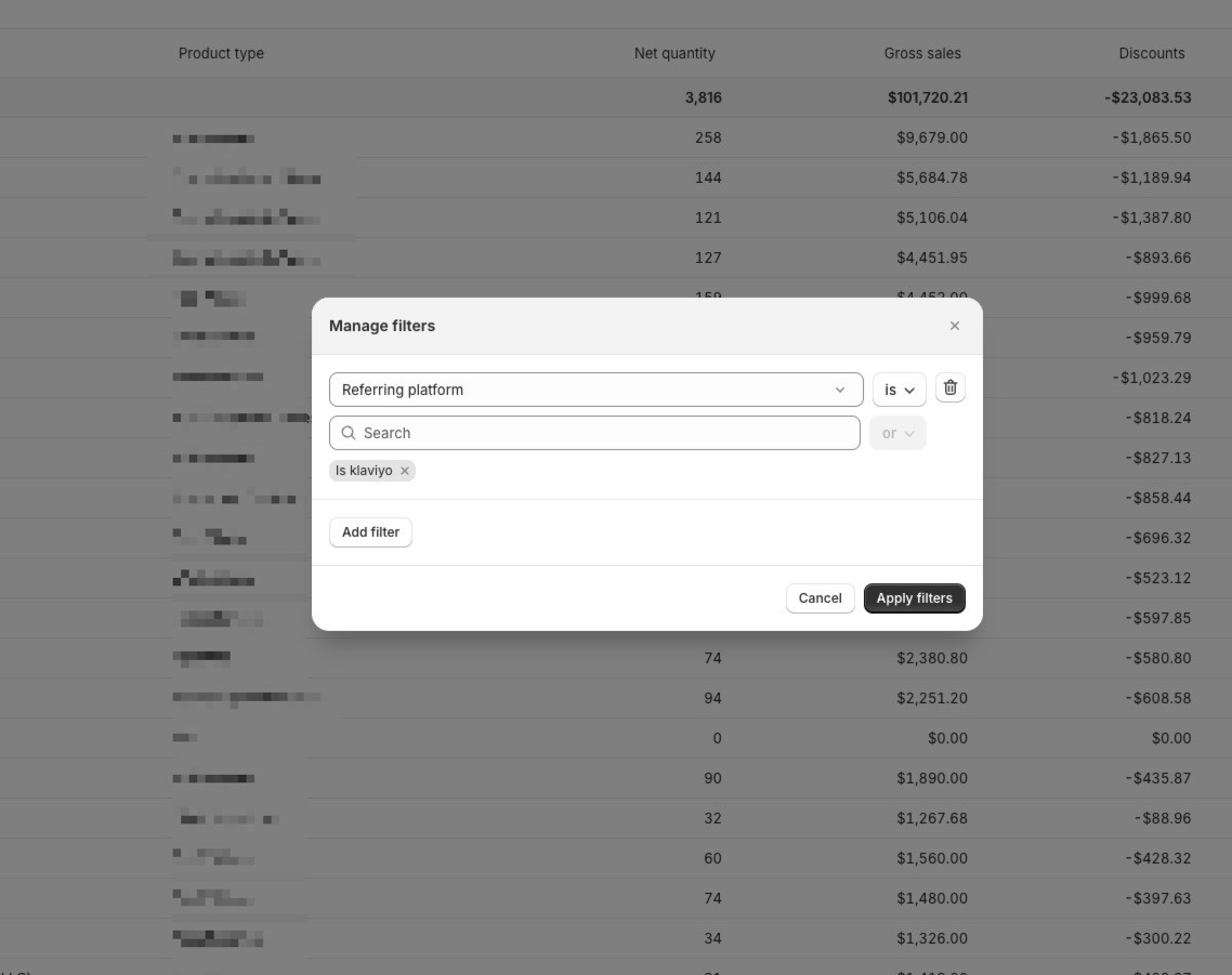 How can I see my sales from Klaviyo at the product level? 