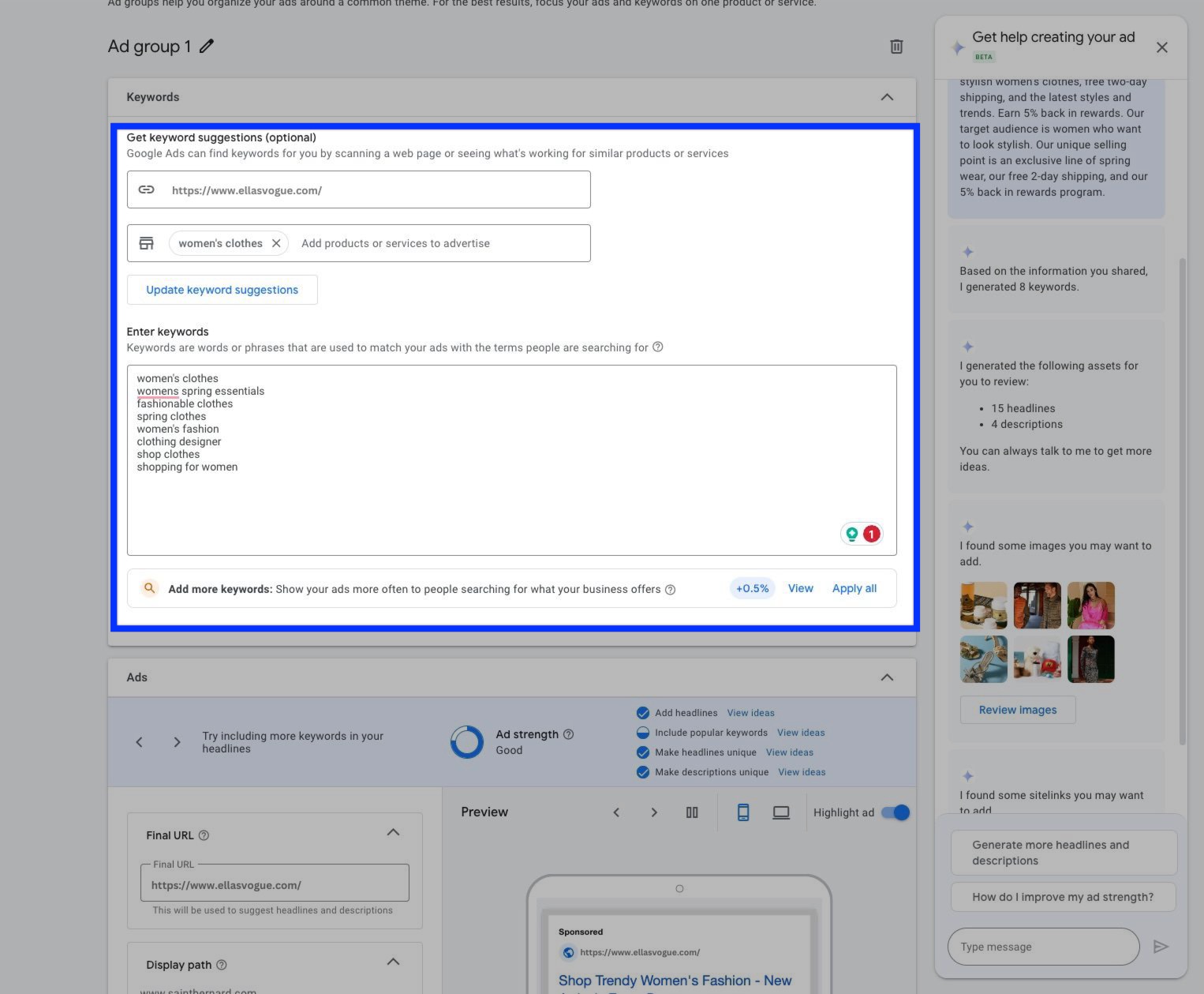Keyword Suggestions for Search Ad - Google AI