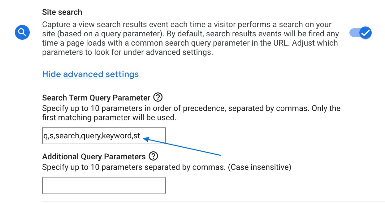 Search Term Query Parameters Settings - GA4