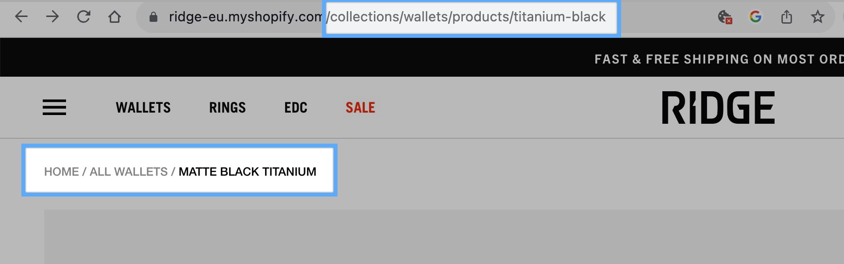 how a breadcrumb looks like on a Shopify Page