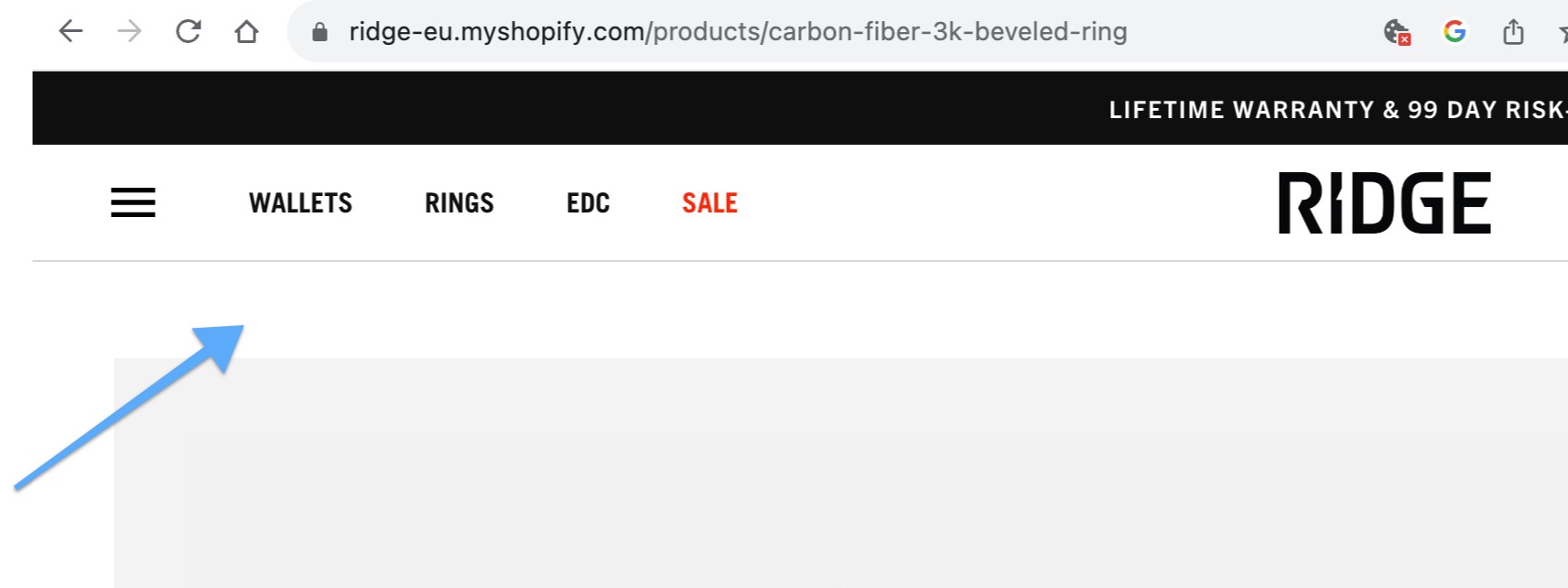 how a breadcrumb looks like on a Shopify Page