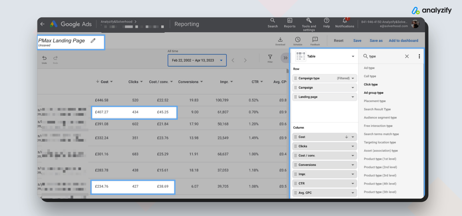 Google Ads - Custom Report PMax Landing Page