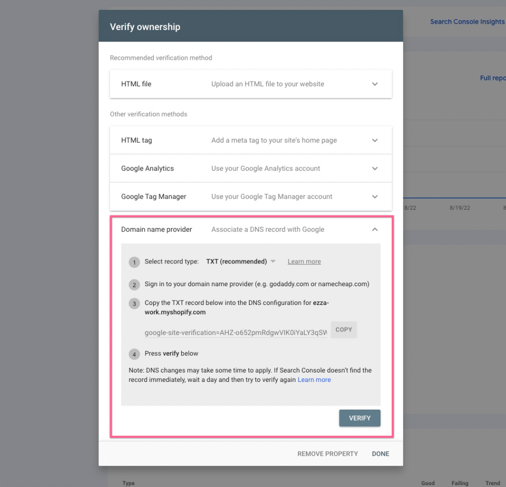 Shopify & Google Search Console verification through DNS