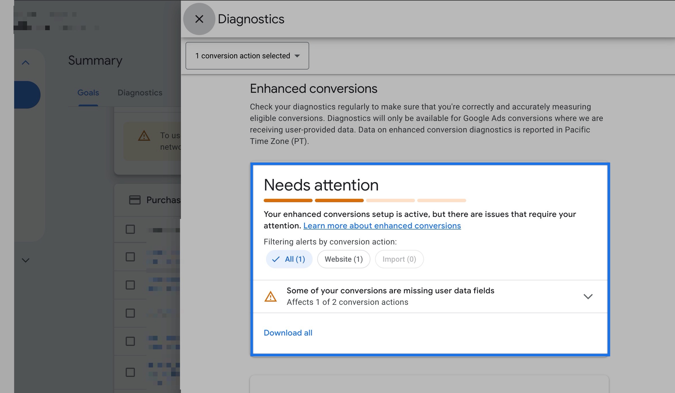 enhanced conversion warning in google ads