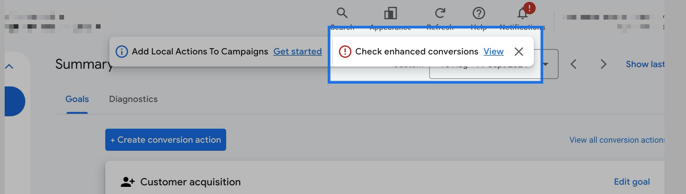 Check enhanced conversions warning in Google Ads