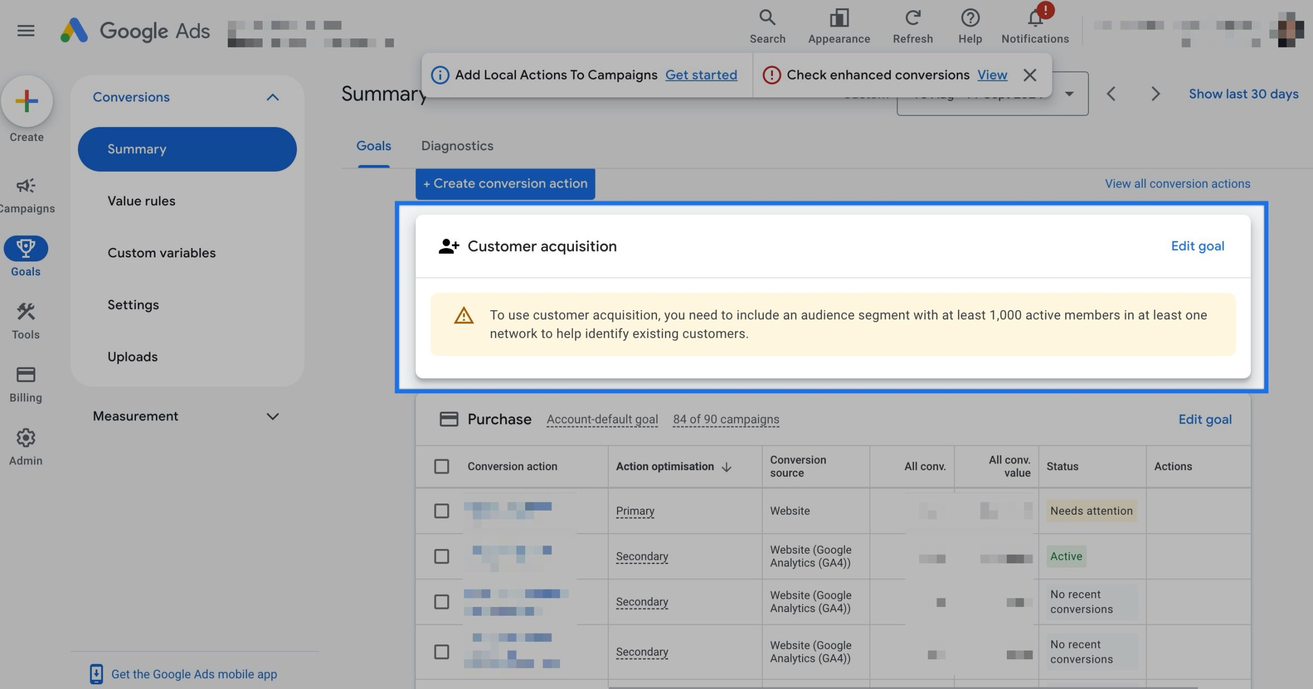 Customer acquisition warning - Google Ads tracking problems