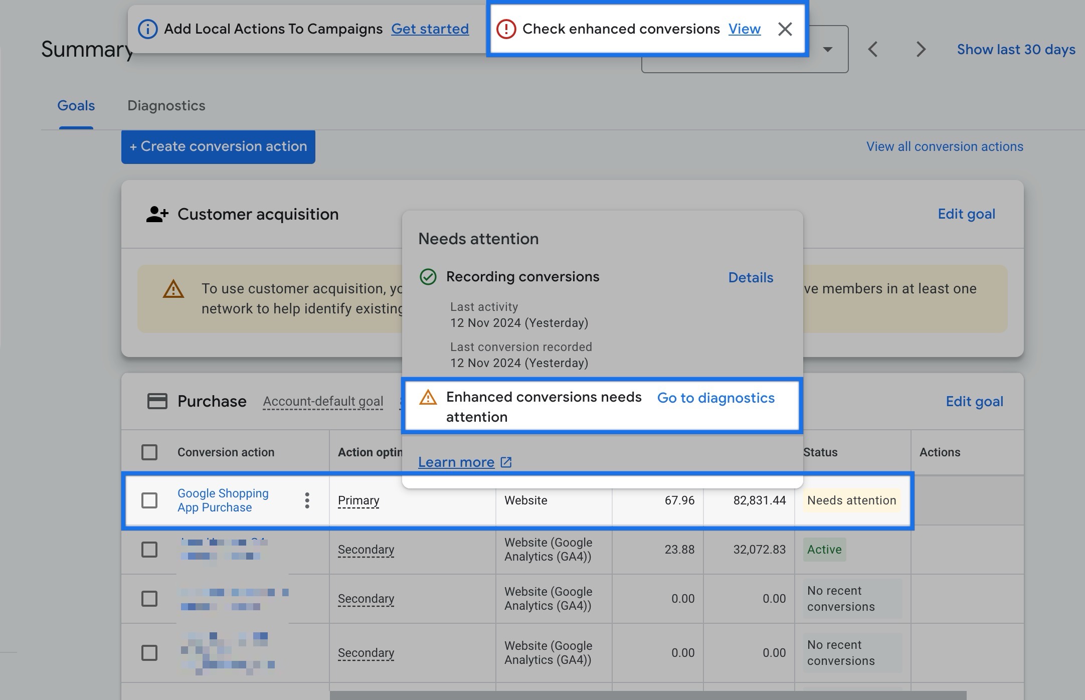 Enhanced Conversions Warning - Google Ads Tracking Problems