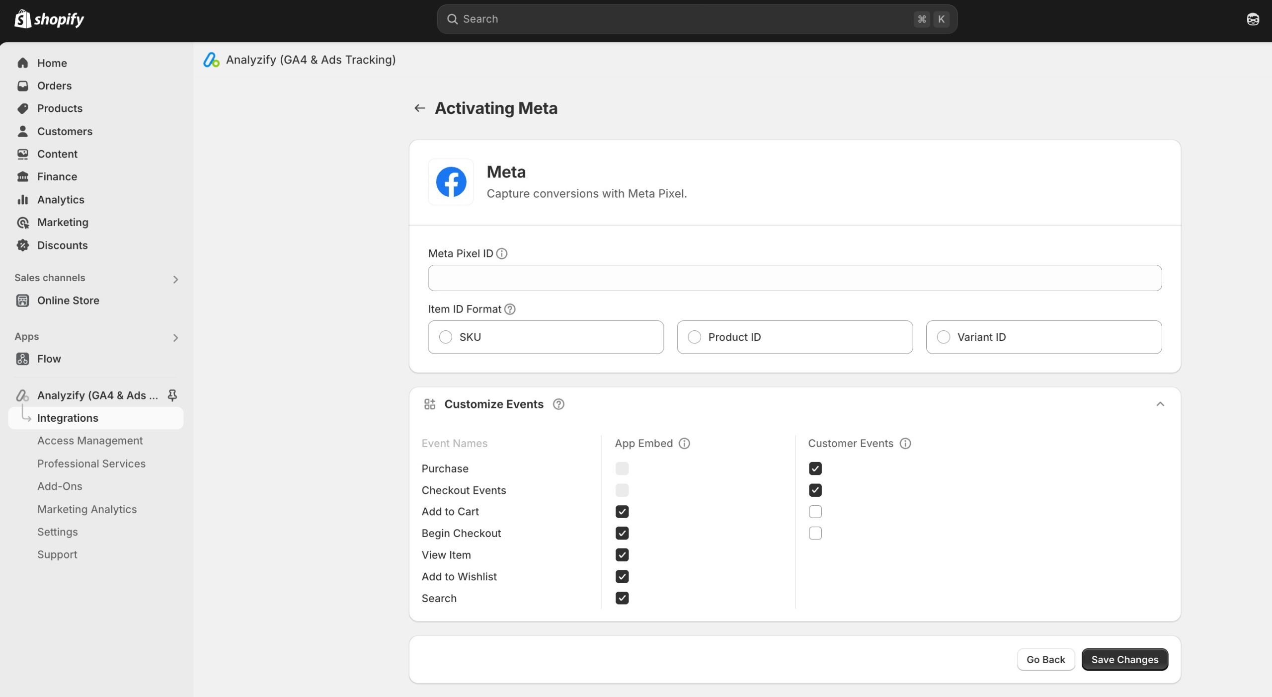 Analyzify's Meta(Facebook) Shopify integration