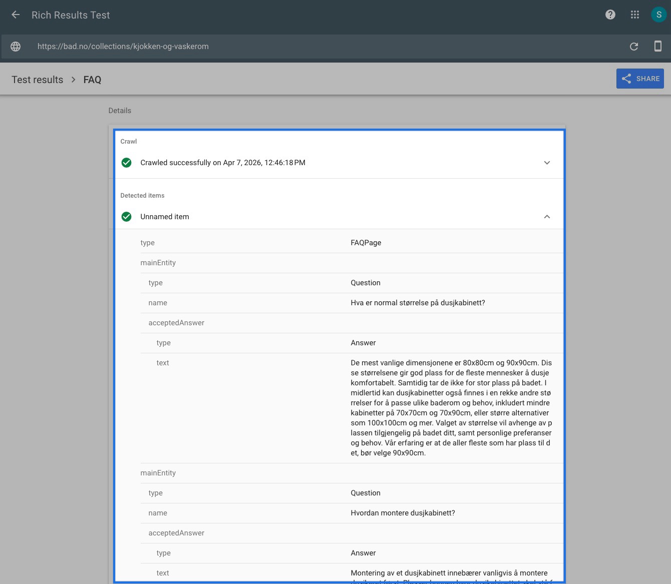 checking faq page schema via google rich results test