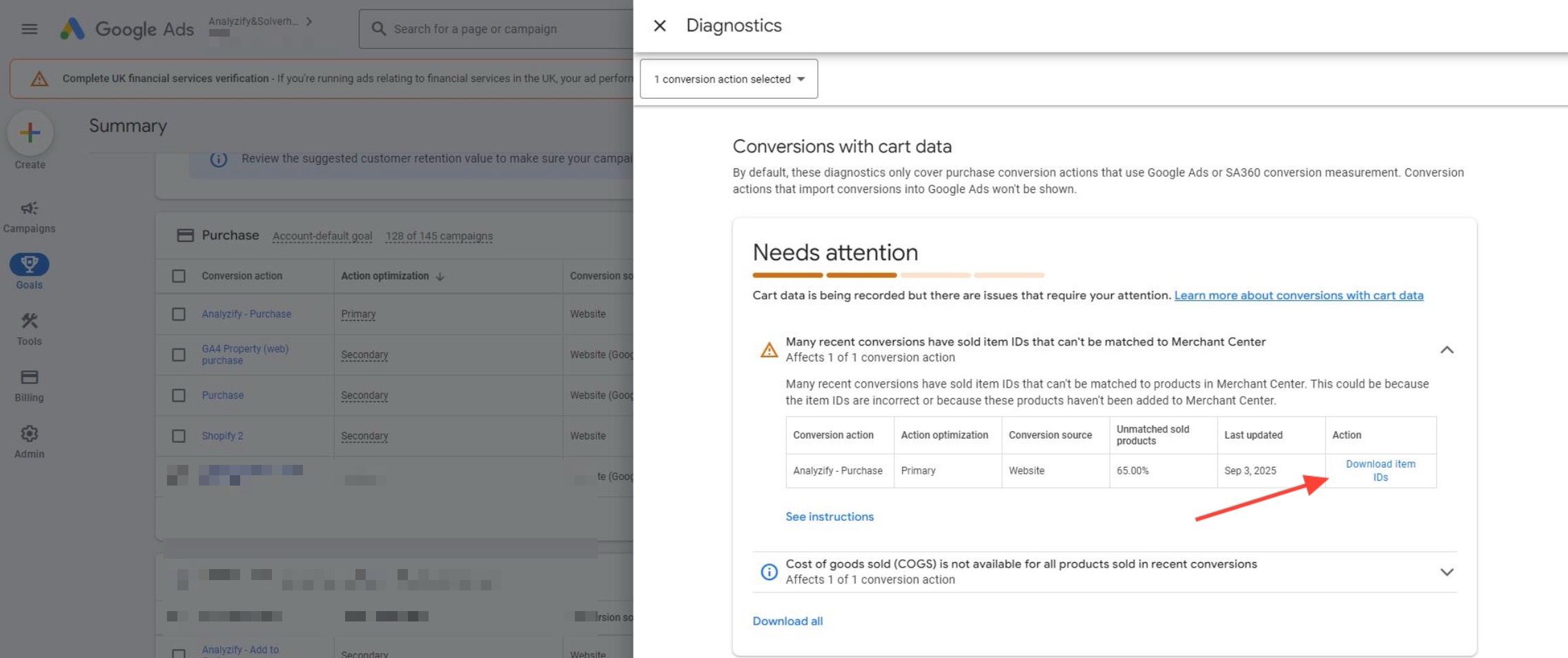 downloading item ids on google ads