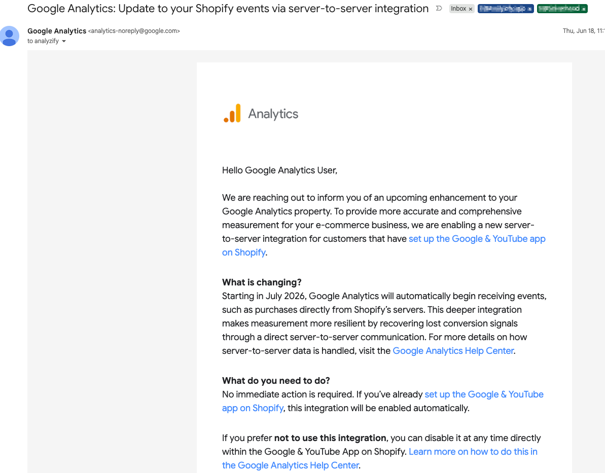 google's official announcement on server-to-server integration with shopify